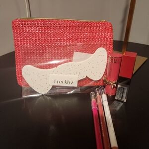 Pink Woven Ipsy Cosmetic Bag with Lip Products